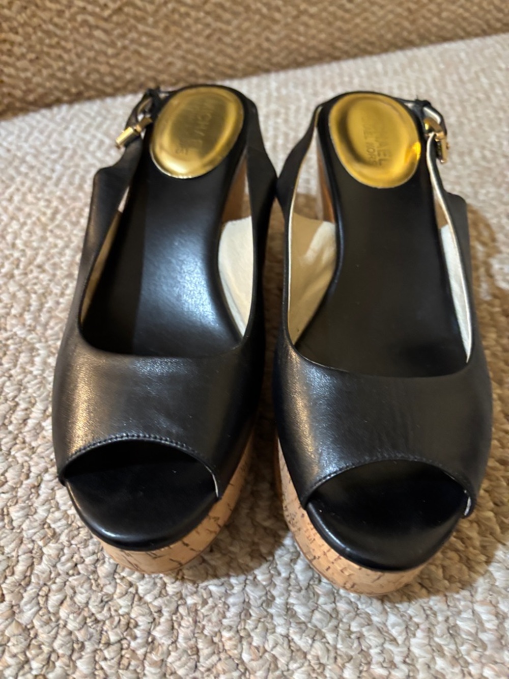 Michael Kors Black Leather Cork Platform Peep-Toe Wedges